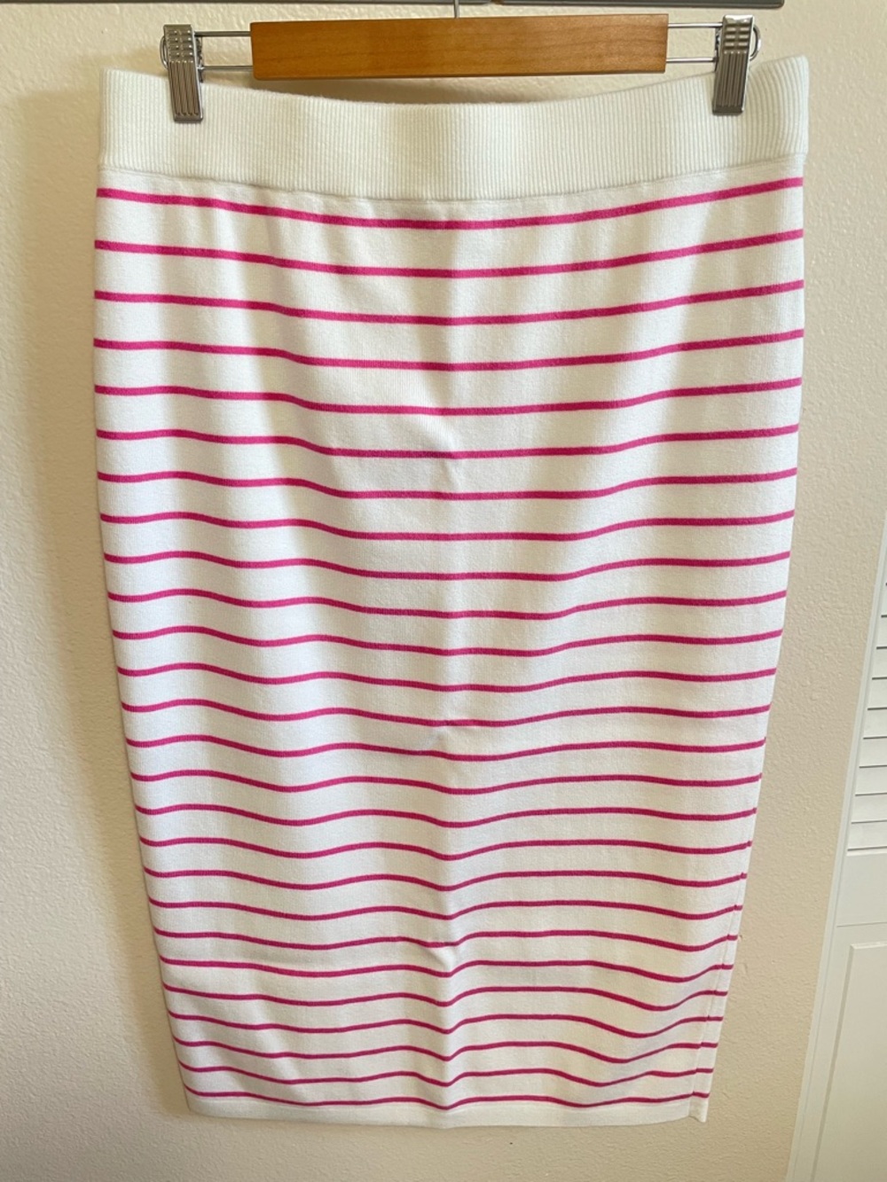 PrettyGarden Bodycon Midi Skirt Pink White Stripe Knit Stretchy Spring Barbie